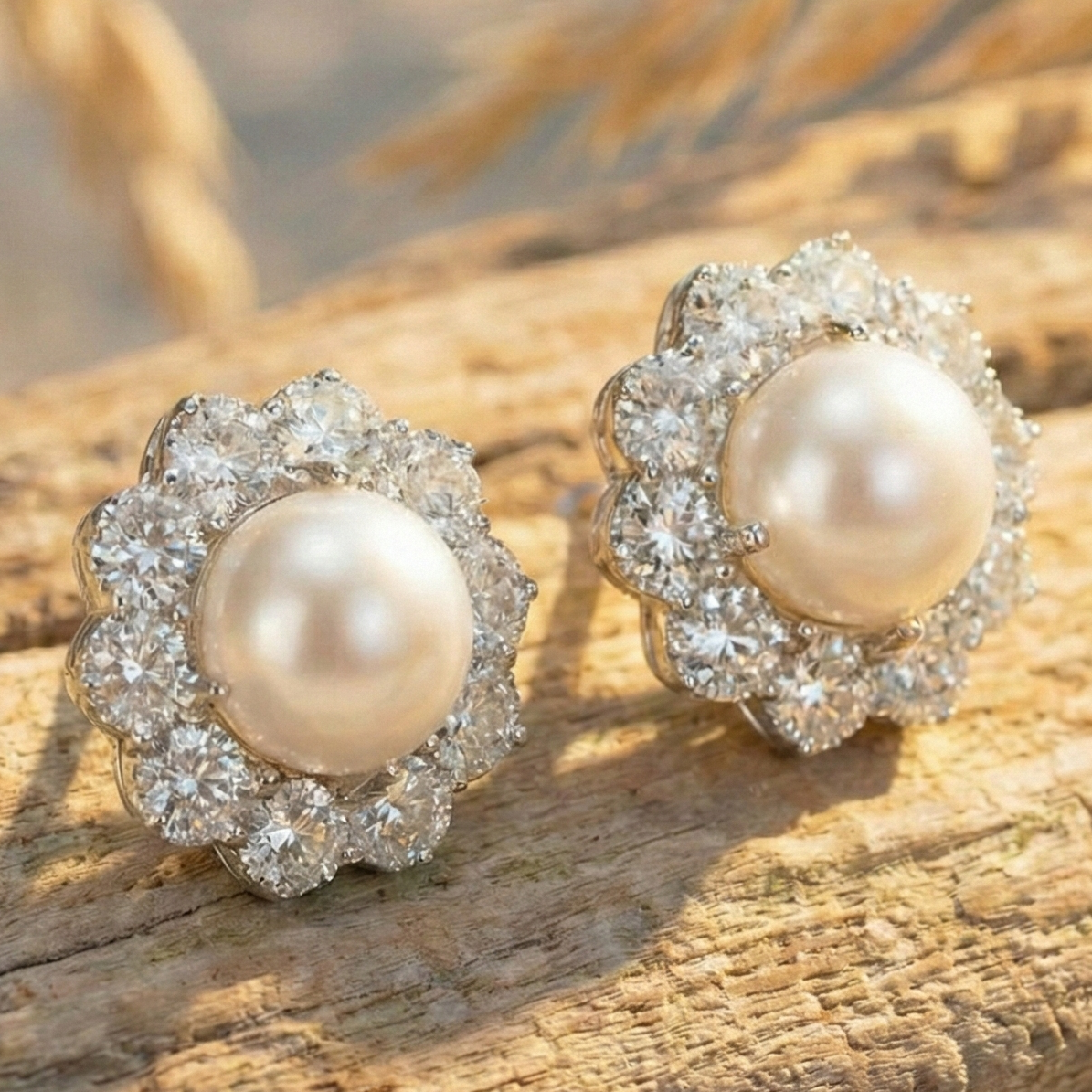 Pearl Bloom Floral Halo Stud Earrings – 925 Sterling Silver