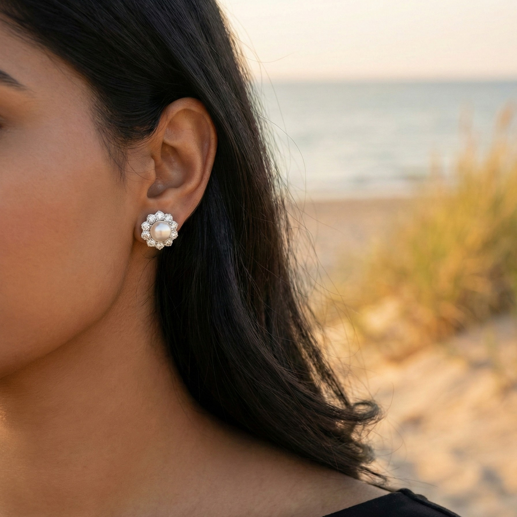 Pearl Bloom Floral Halo Stud Earrings – 925 Sterling Silver