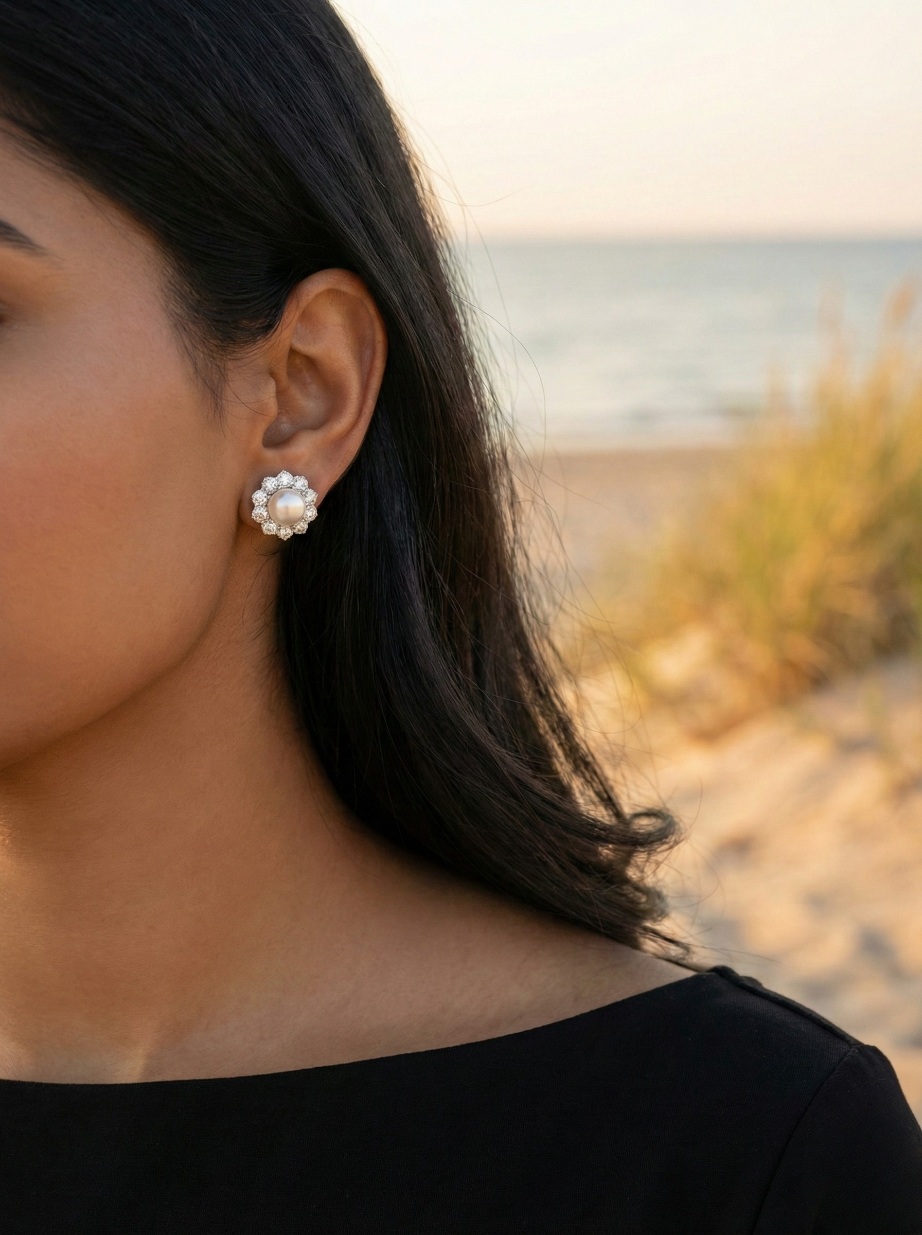 Pearl Bloom Floral Halo Stud Earrings – 925 Sterling Silver