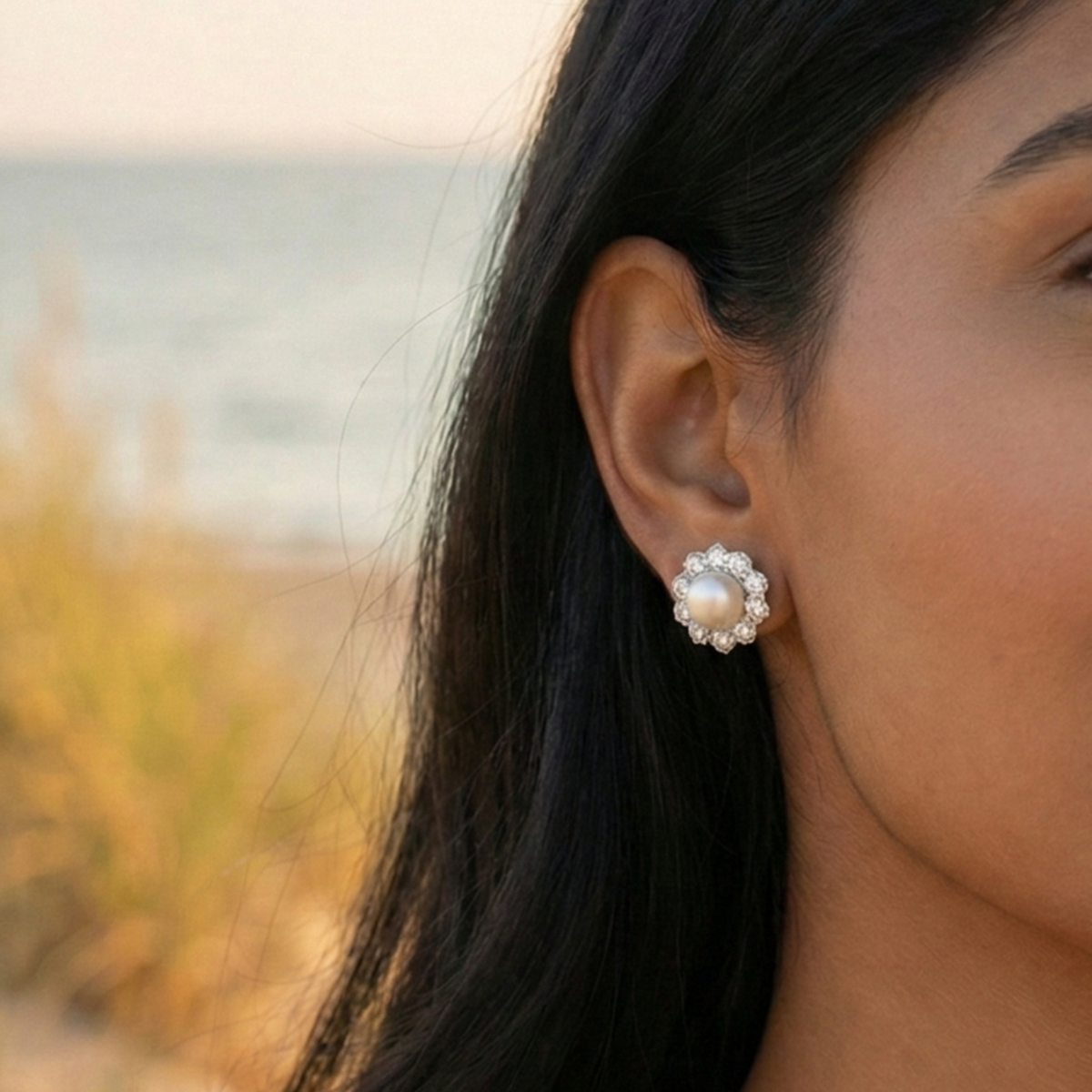 Pearl Bloom Floral Halo Stud Earrings – 925 Sterling Silver