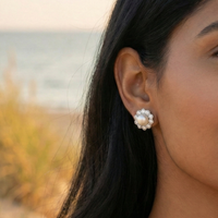 Pearl Bloom Floral Halo Stud Earrings – 925 Sterling Silver