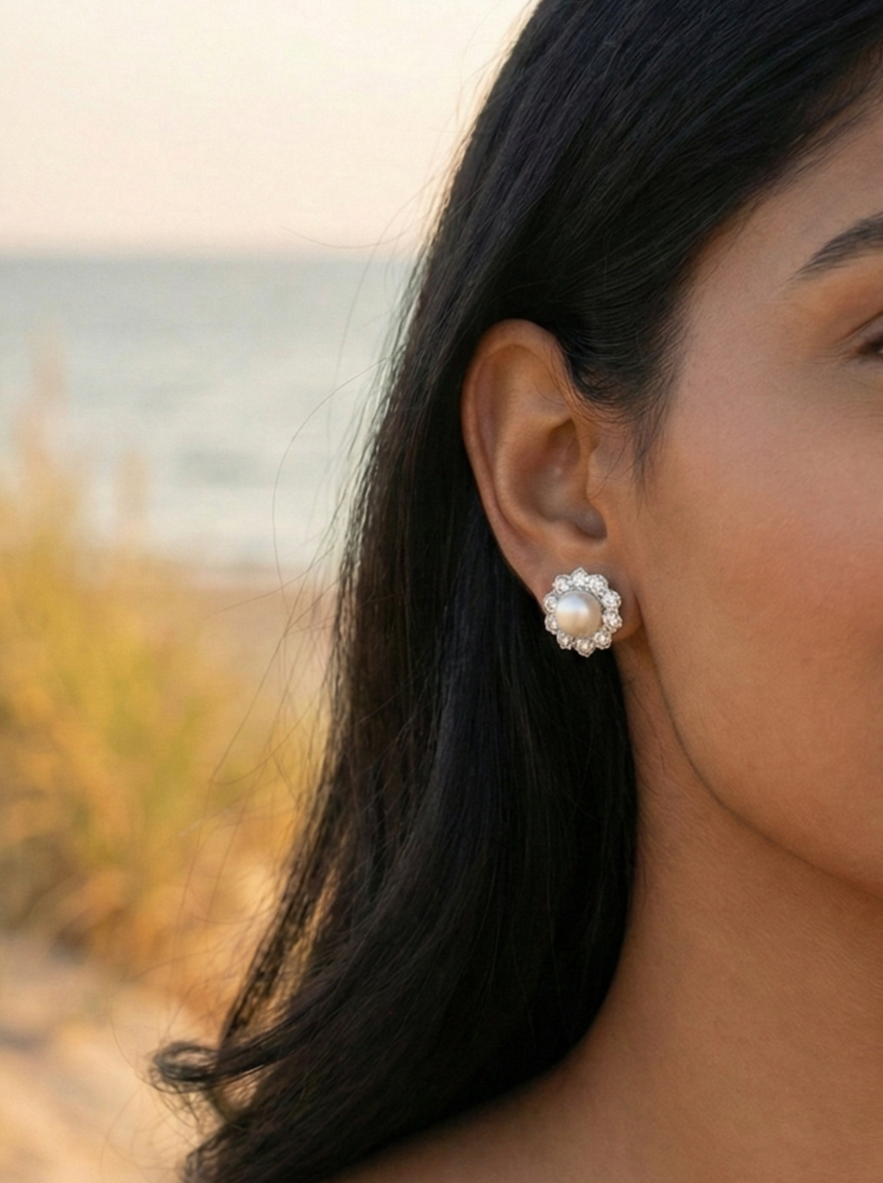 Pearl Bloom Floral Halo Stud Earrings – 925 Sterling Silver