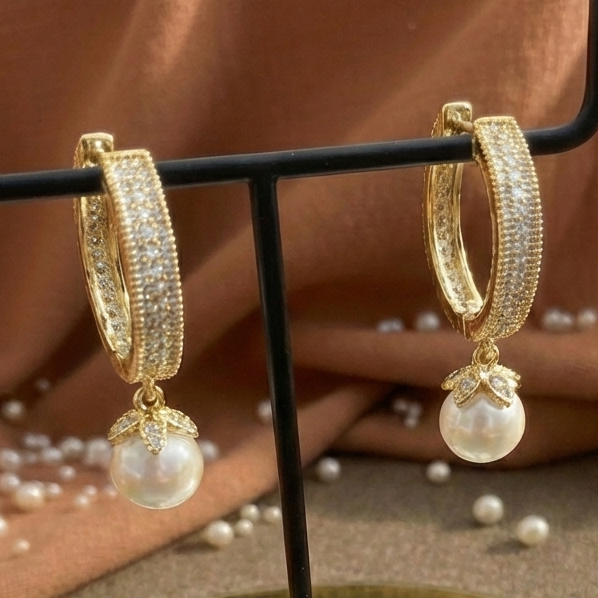 Floral Pave Pearl Drop Huggie Hoops | 925 Sterling Silver