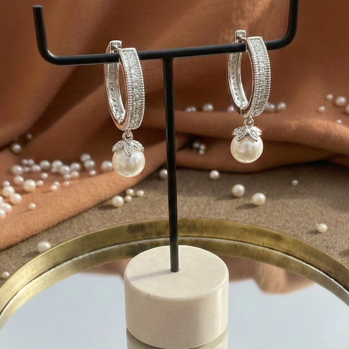 Floral Pave Pearl Drop Huggie Hoops | 925 Sterling Silver