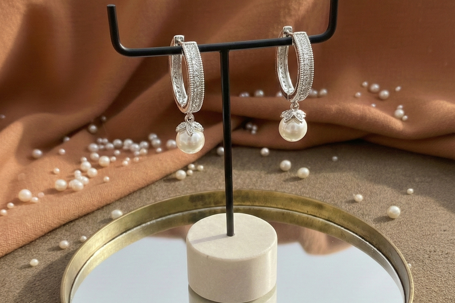 Floral Pave Pearl Drop Huggie Hoops | 925 Sterling Silver