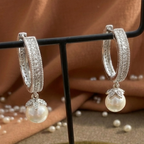 Floral Pave Pearl Drop Huggie Hoops | 925 Sterling Silver