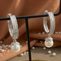 Floral Pave Pearl Drop Huggie Hoops | 925 Sterling Silver