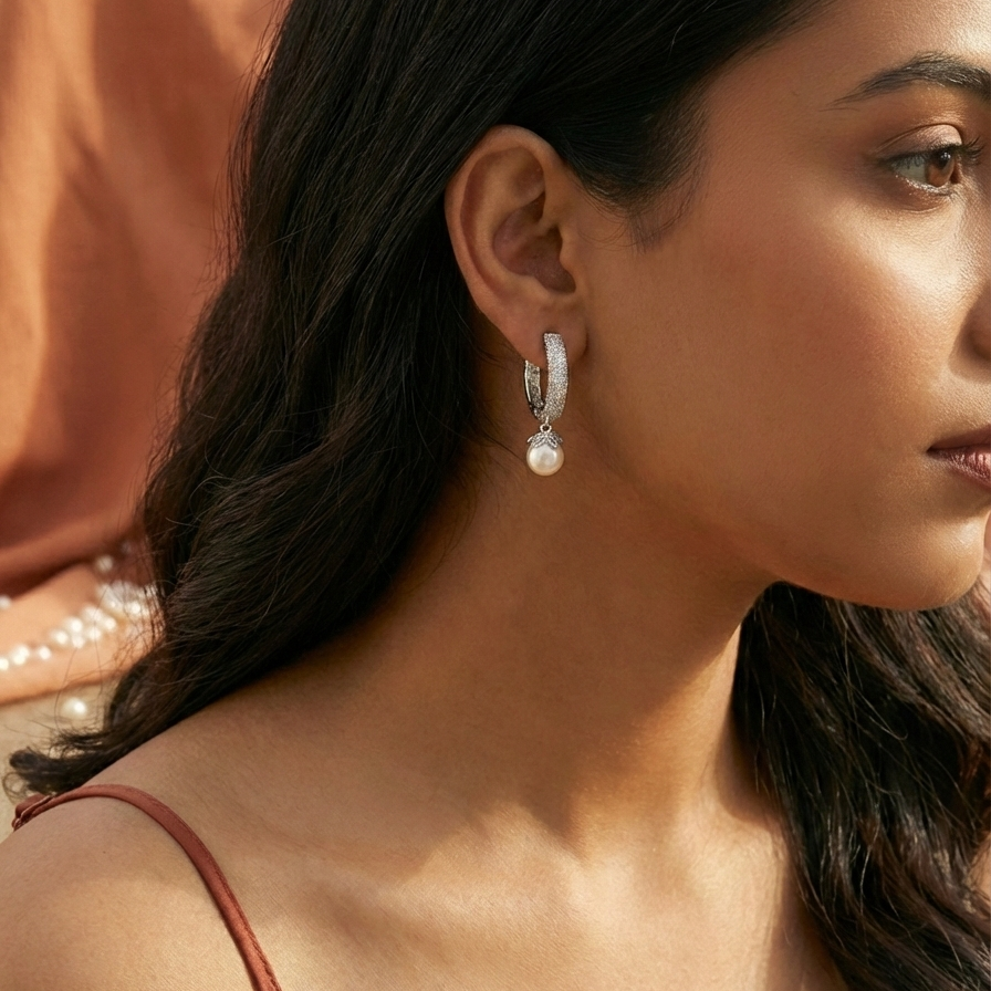 Floral Pave Pearl Drop Huggie Hoops | 925 Sterling Silver