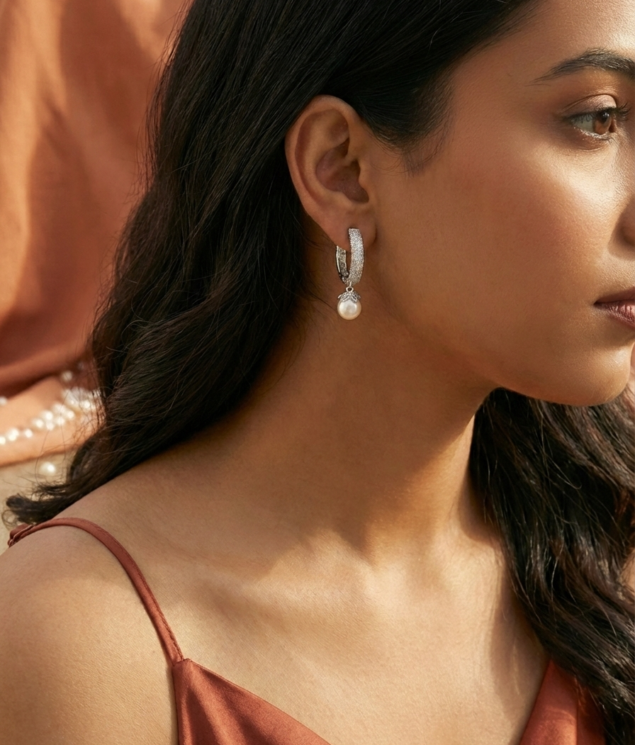 Floral Pave Pearl Drop Huggie Hoops | 925 Sterling Silver