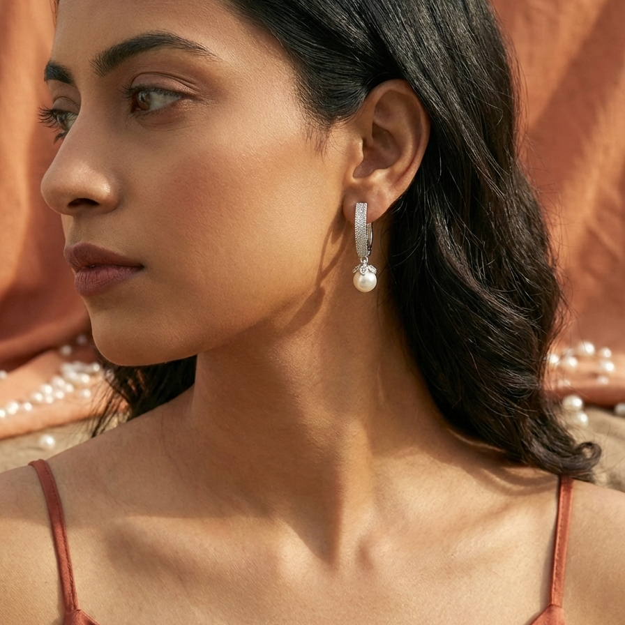 Floral Pave Pearl Drop Huggie Hoops | 925 Sterling Silver