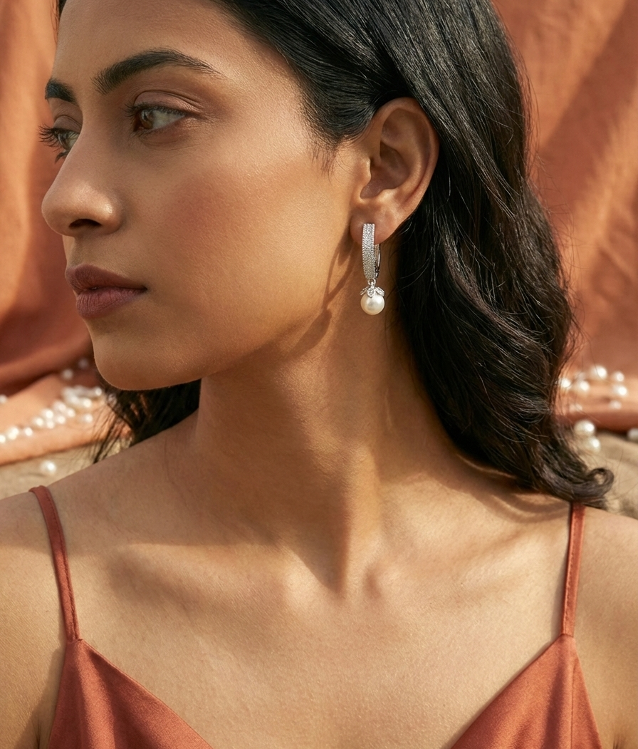 Floral Pave Pearl Drop Huggie Hoops | 925 Sterling Silver