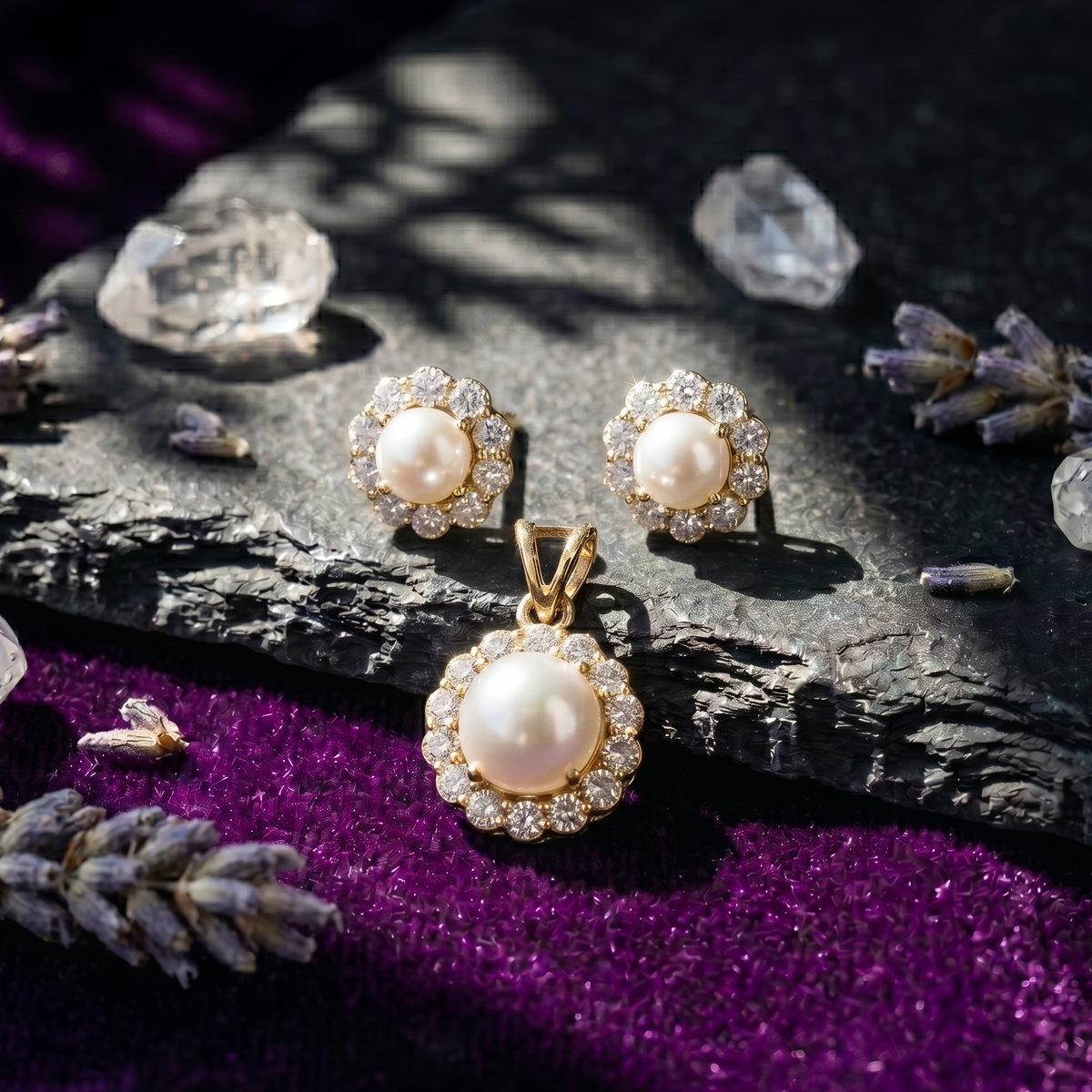 Pearl Halo Pendant Set in 925 Sterling Silver