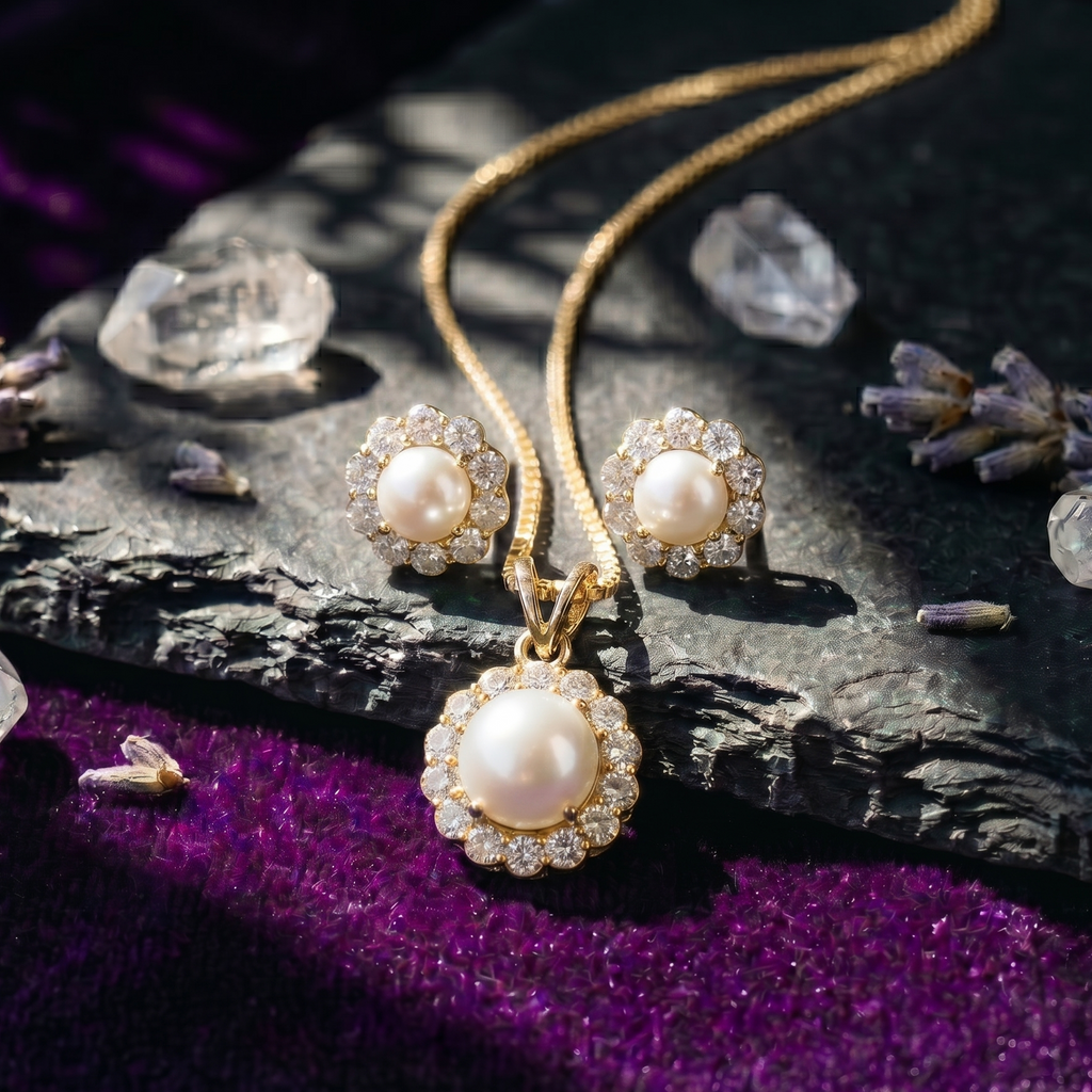 Pearl Halo Pendant Set in 925 Sterling Silver