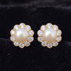 Pearl Bloom Floral Halo Stud Earrings – 925 Sterling Silver