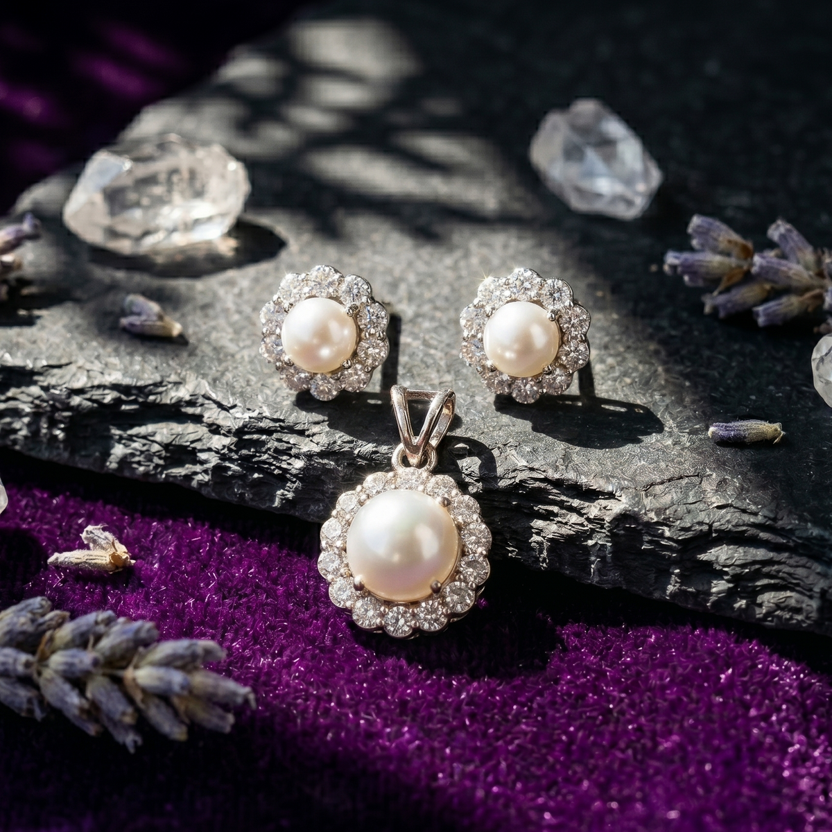 Pearl Halo Pendant Set in 925 Sterling Silver