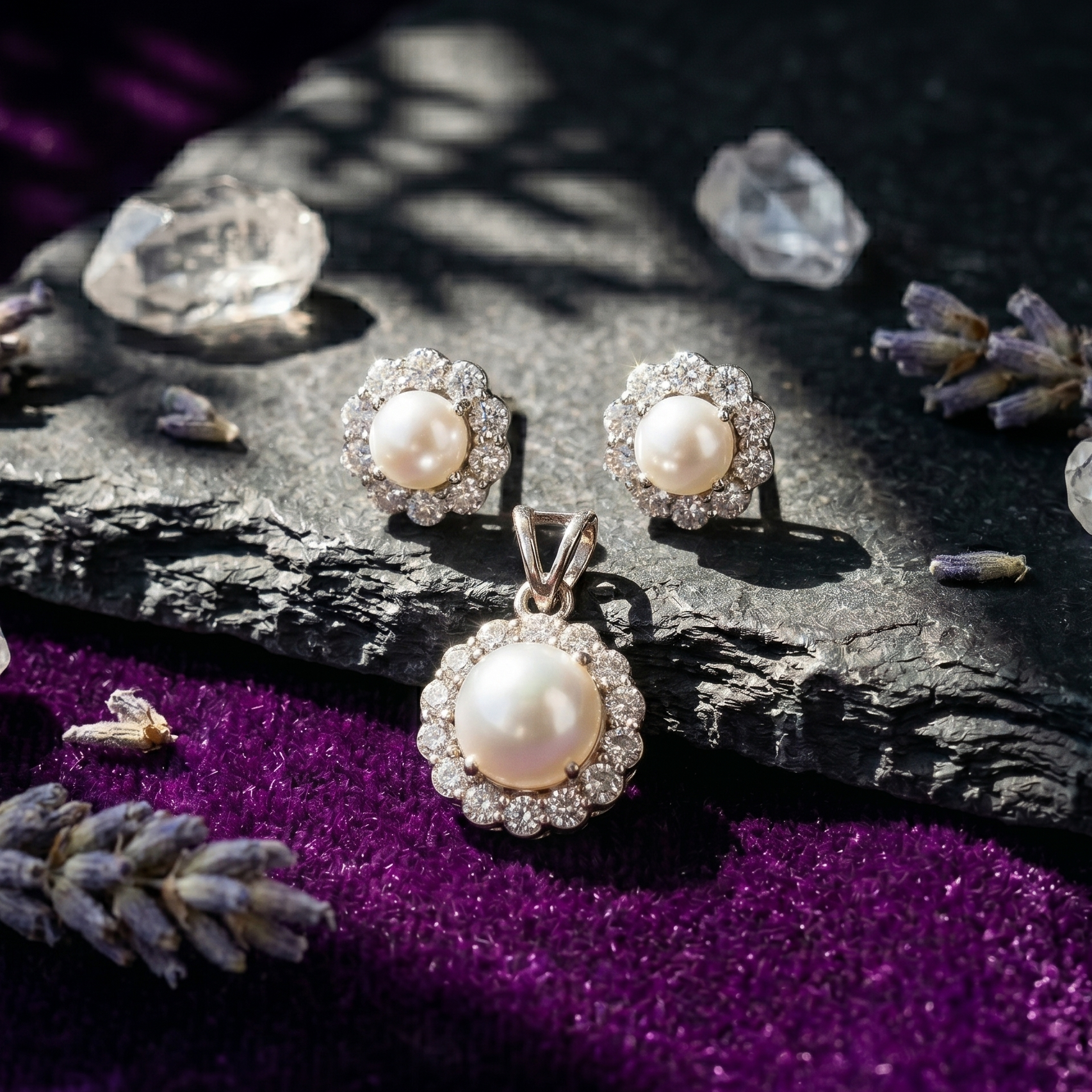 Pearl Halo Pendant Set in 925 Sterling Silver