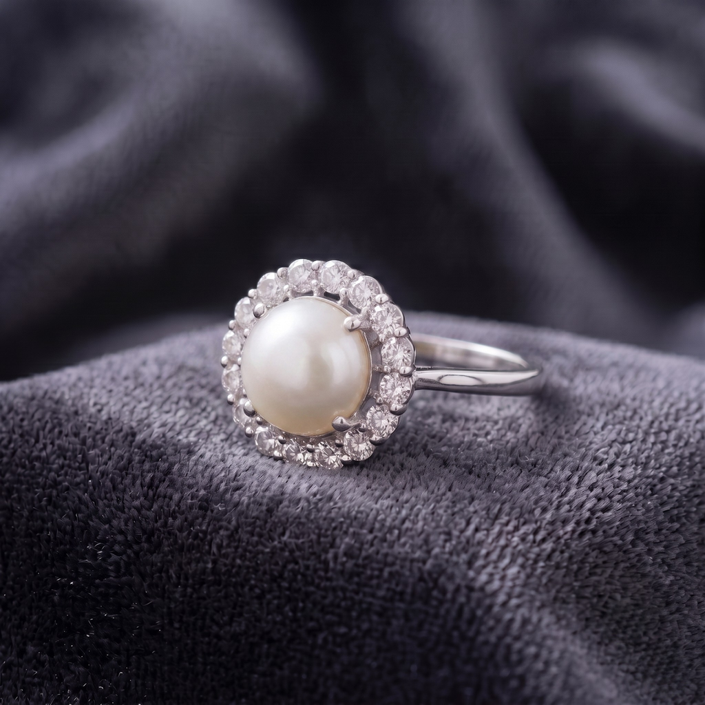 Classic Pearl Halo Statement Ring in 925 Sterling Silver