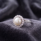 Classic Pearl Halo Statement Ring in 925 Sterling Silver