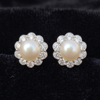 Pearl Bloom Floral Halo Stud Earrings – 925 Sterling Silver