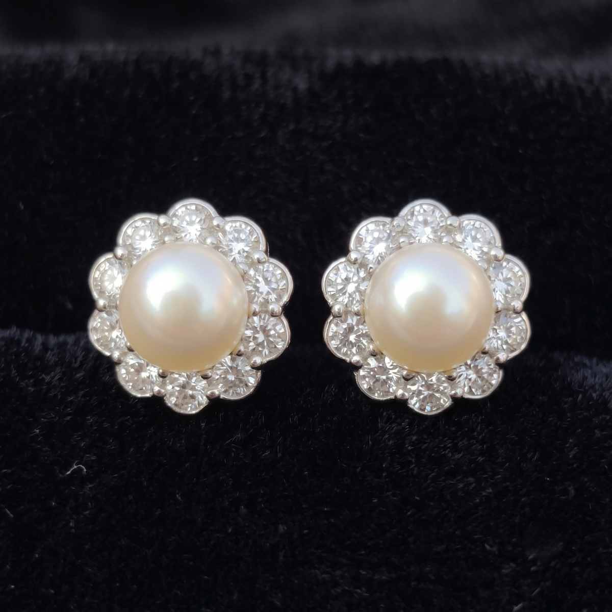 Pearl Bloom Floral Halo Stud Earrings – 925 Sterling Silver