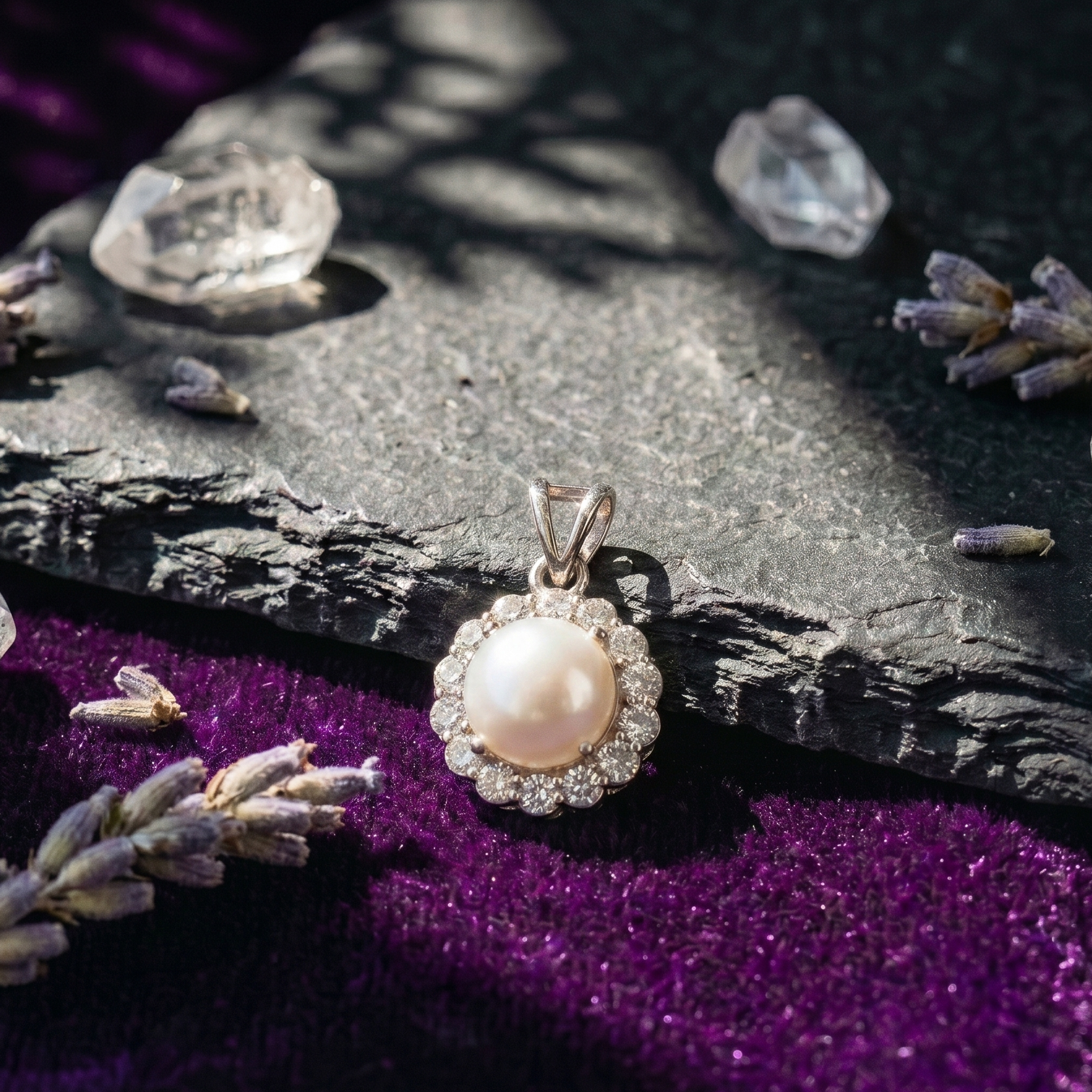 Pearl Halo Pendant Set in 925 Sterling Silver