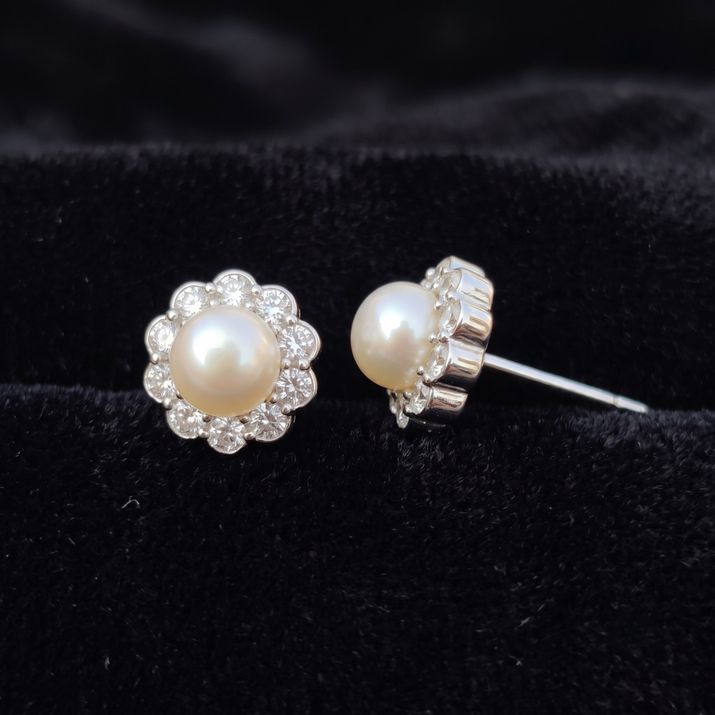 Pearl Bloom Floral Halo Stud Earrings – 925 Sterling Silver
