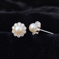 Pearl Bloom Floral Halo Stud Earrings – 925 Sterling Silver