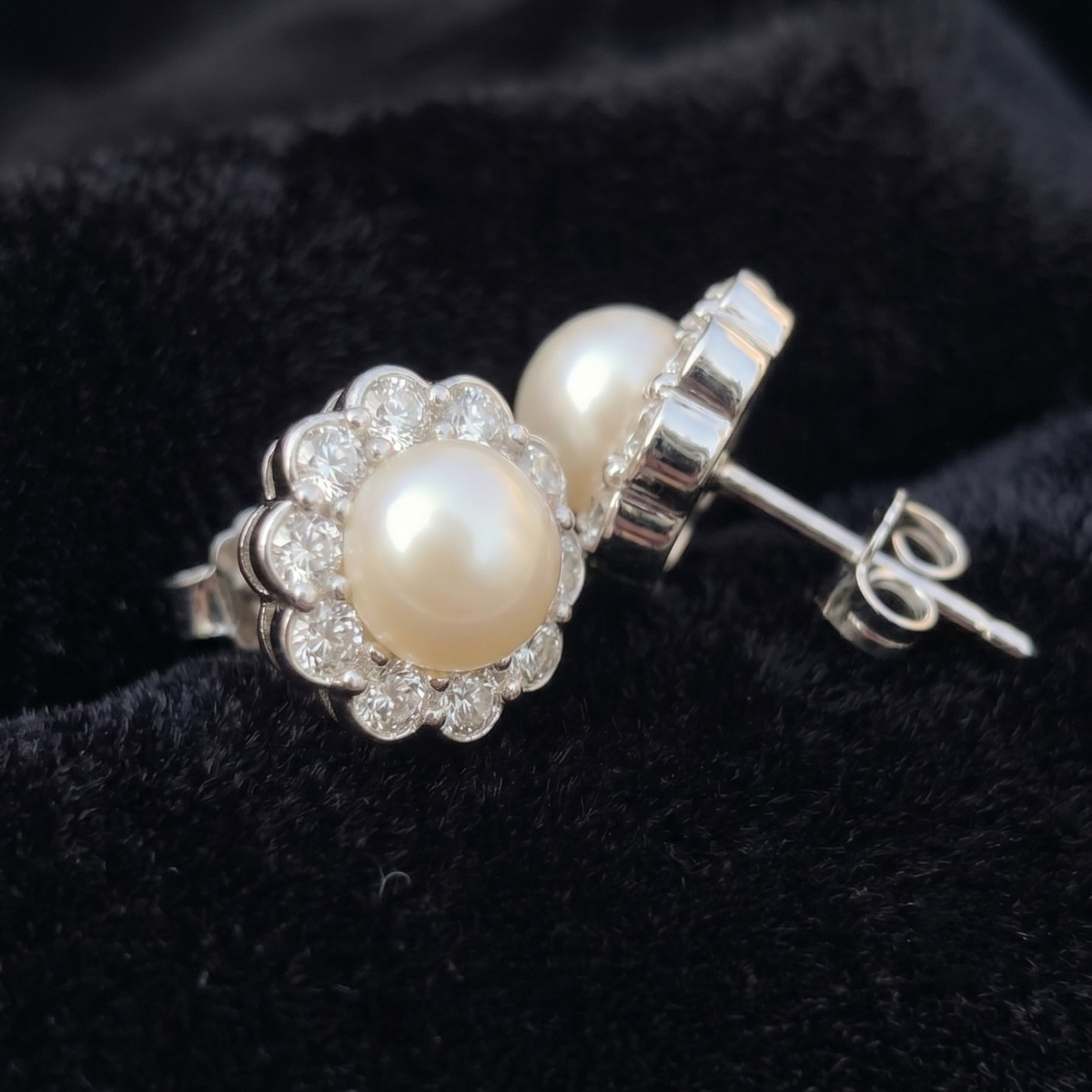 Pearl Bloom Floral Halo Stud Earrings – 925 Sterling Silver