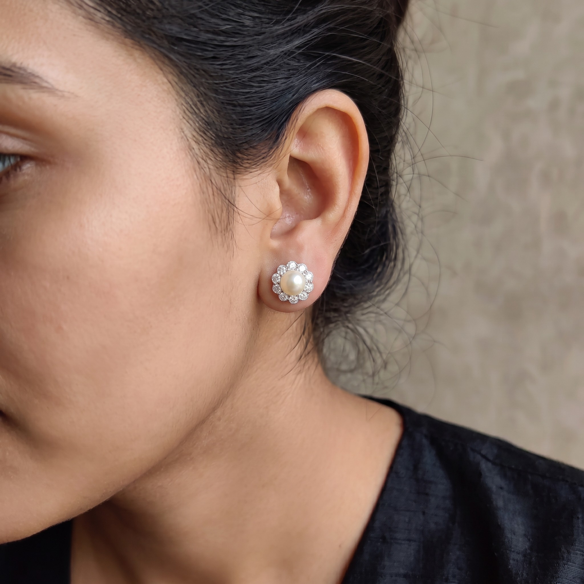 Pearl Bloom Floral Halo Stud Earrings – 925 Sterling Silver