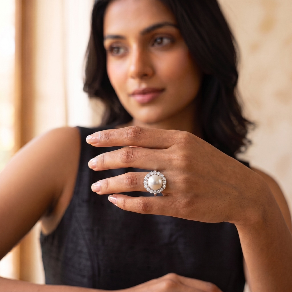 Classic Pearl Halo Statement Ring in 925 Sterling Silver
