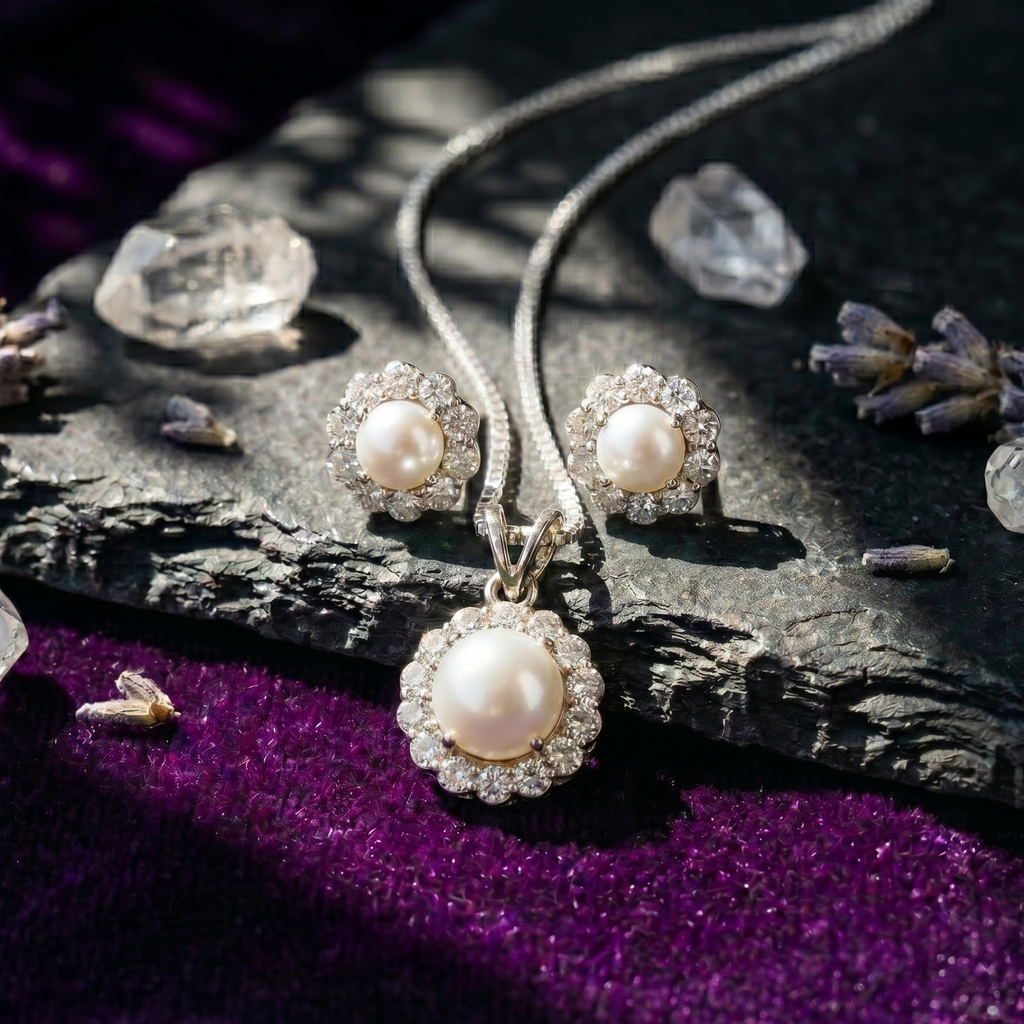 Pearl Halo Pendant Set in 925 Sterling Silver