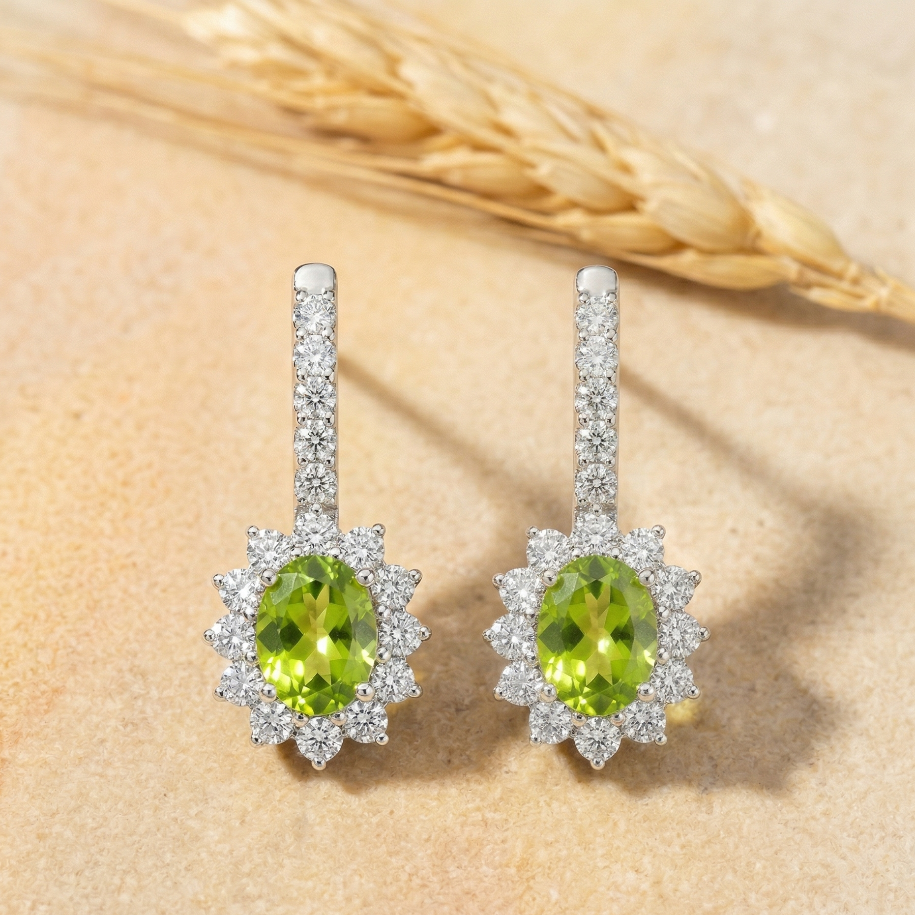 Luminous Peridot Halo Drop Earrings - 925 Sterling Silver