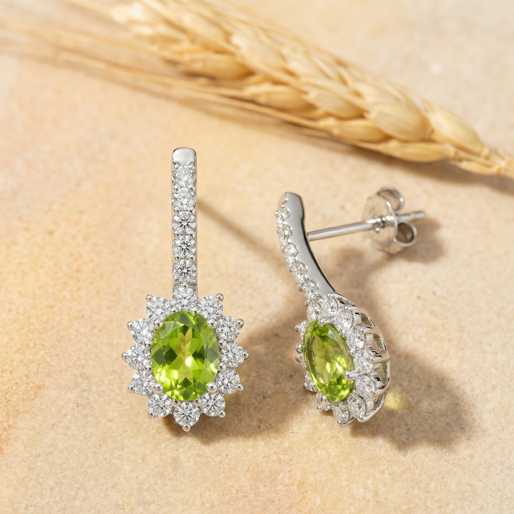 Luminous Peridot Halo Drop Earrings - 925 Sterling Silver