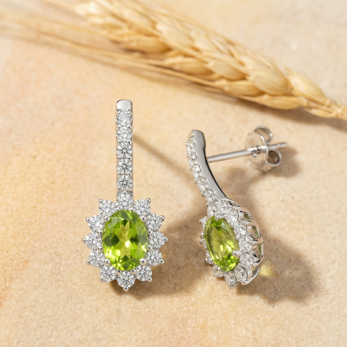 Luminous Peridot Halo Drop Earrings - 925 Sterling Silver