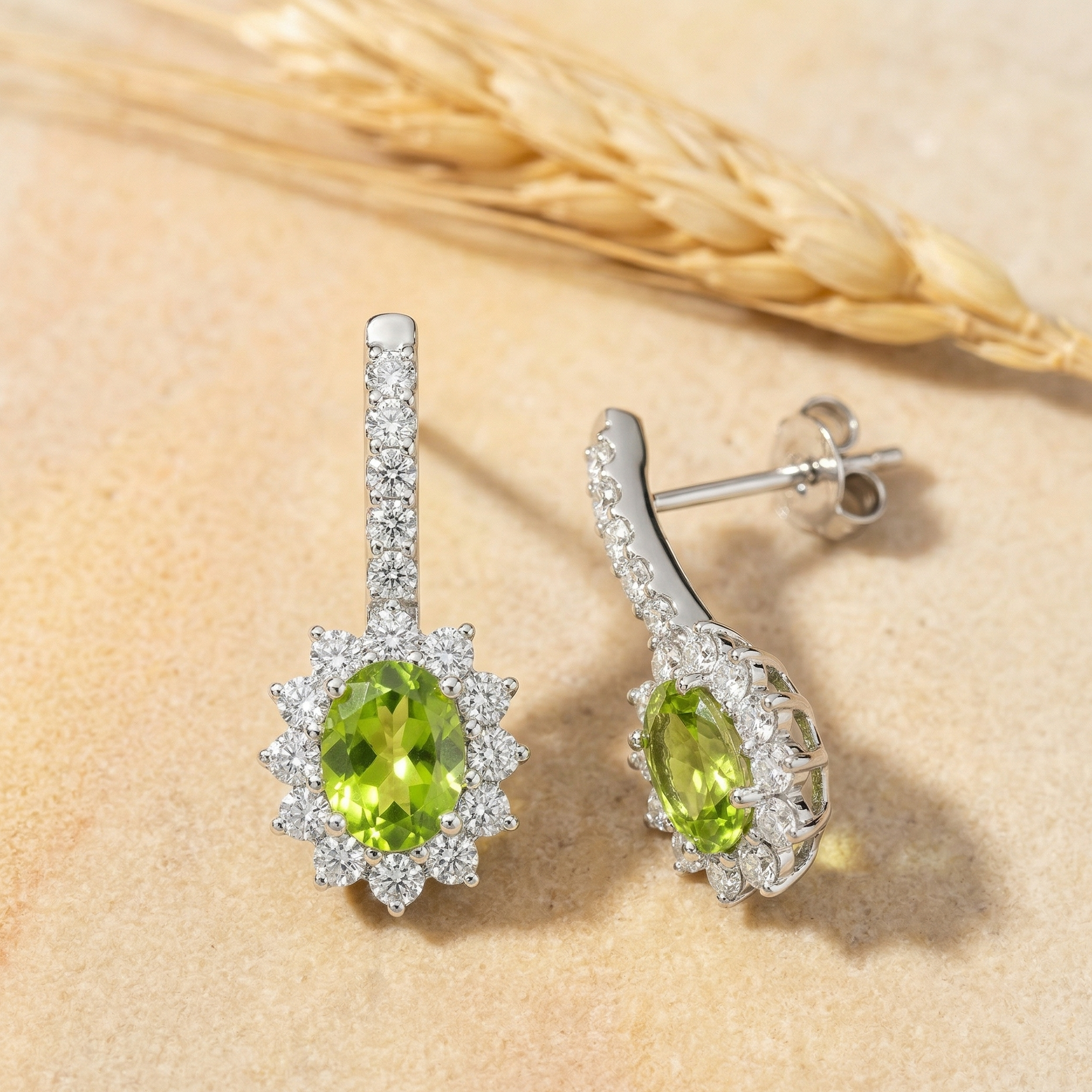 Luminous Peridot Halo Drop Earrings - 925 Sterling Silver