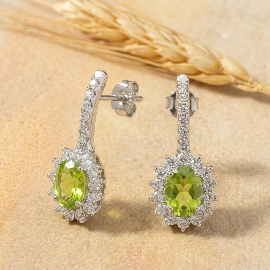 Luminous Peridot Halo Drop Earrings - 925 Sterling Silver