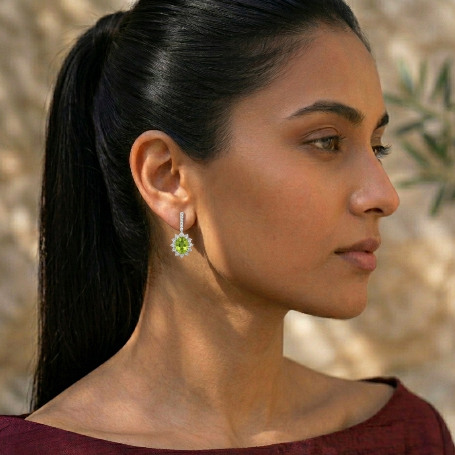 Luminous Peridot Halo Drop Earrings - 925 Sterling Silver