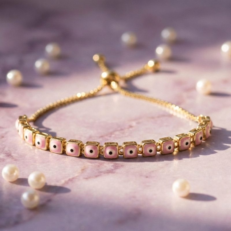 Pink Square Evil Eye Adjustable Bracelet in 925 Sterling Silver