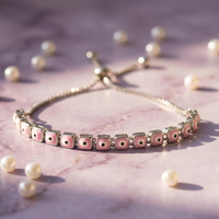 Pink Square Evil Eye Adjustable Bracelet in 925 Sterling Silver