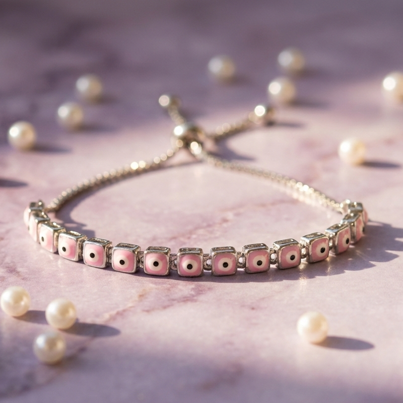 Pink Square Evil Eye Adjustable Bracelet in 925 Sterling Silver