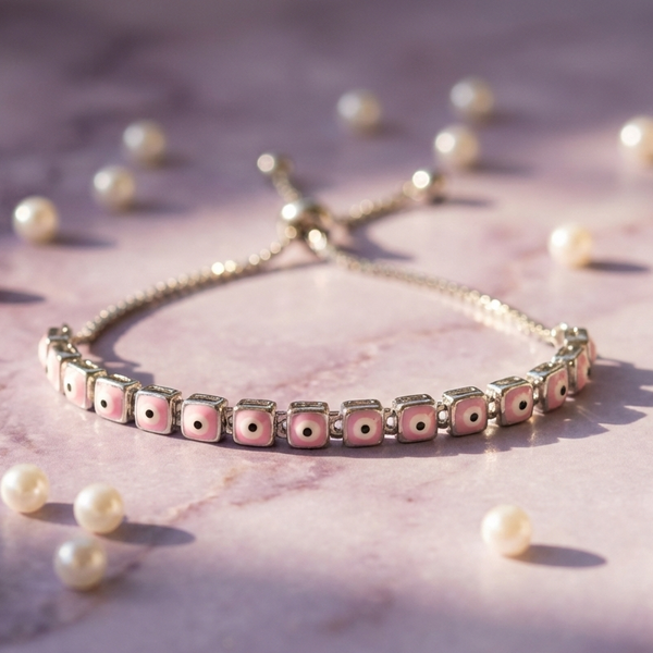 Pink Square Evil Eye Adjustable Bracelet in 925 Sterling Silver