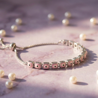Pink Square Evil Eye Adjustable Bracelet in 925 Sterling Silver