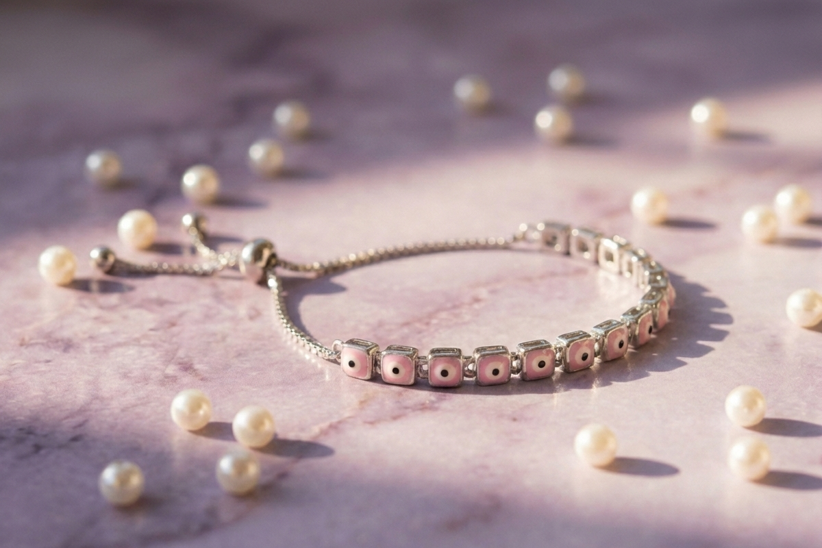 Pink Square Evil Eye Adjustable Bracelet in 925 Sterling Silver