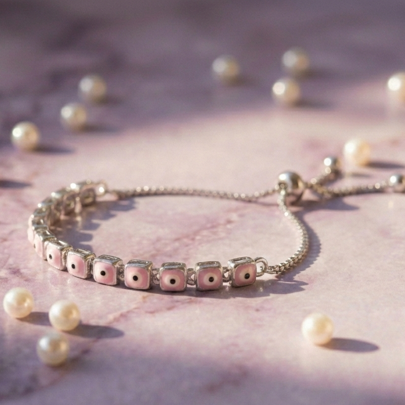 Pink Square Evil Eye Adjustable Bracelet in 925 Sterling Silver