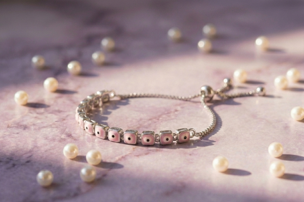 Pink Square Evil Eye Adjustable Bracelet in 925 Sterling Silver
