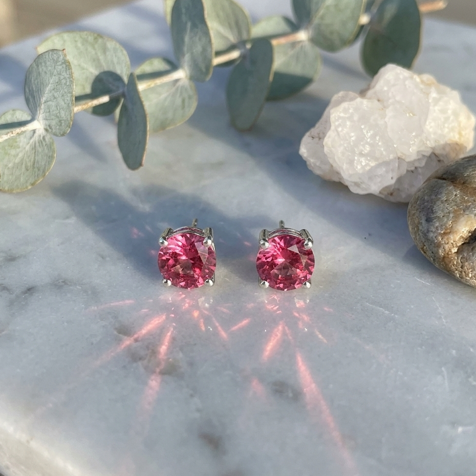 Brilliant Pink Tourmaline Solitaire Studs – 925 Sterling Silver