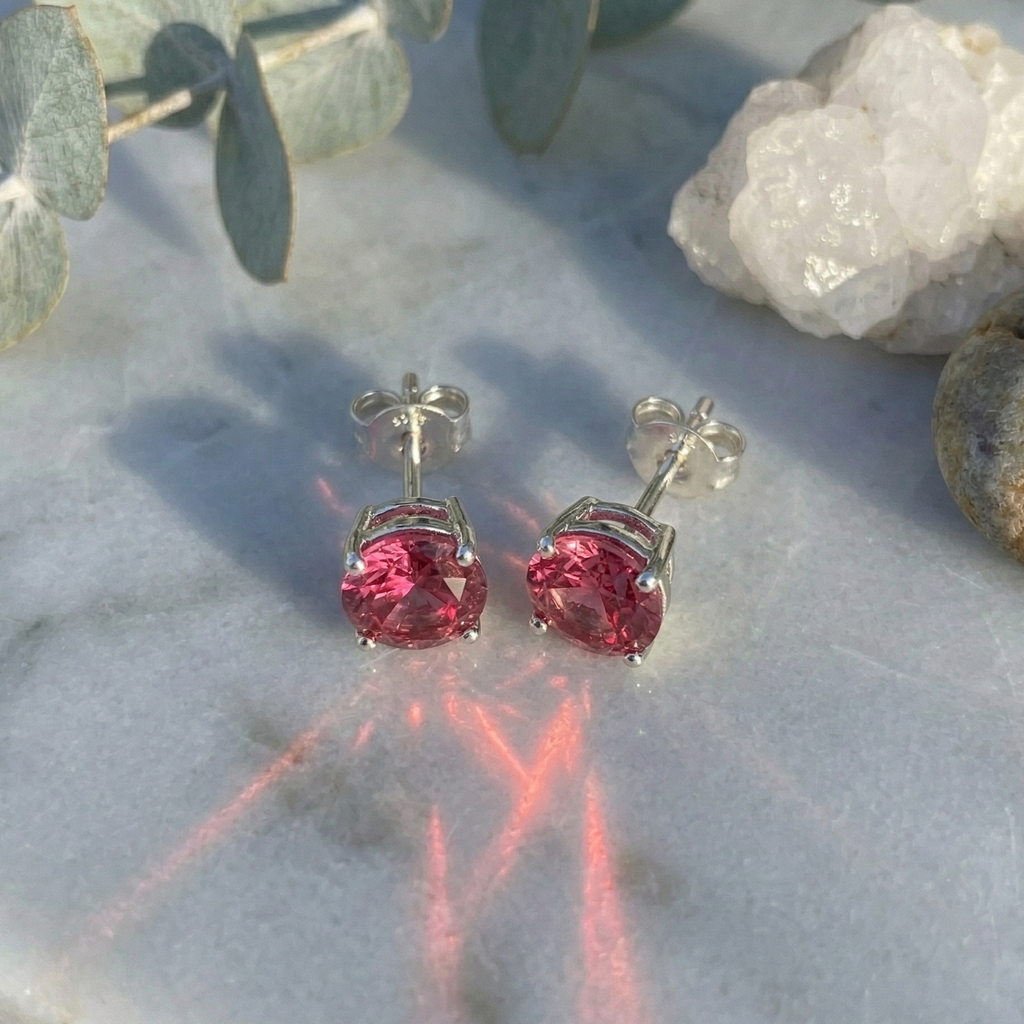 Brilliant Pink Tourmaline Solitaire Studs – 925 Sterling Silver