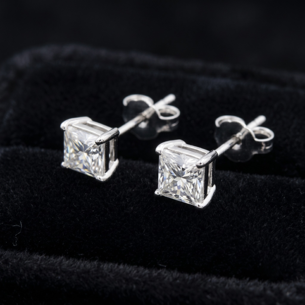 Princess Cut CZ Solitaire Studs | 925 Sterling Silver