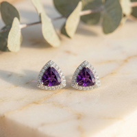 Vivid Amethyst Trillion Halo Studs - 925 Sterling Silver