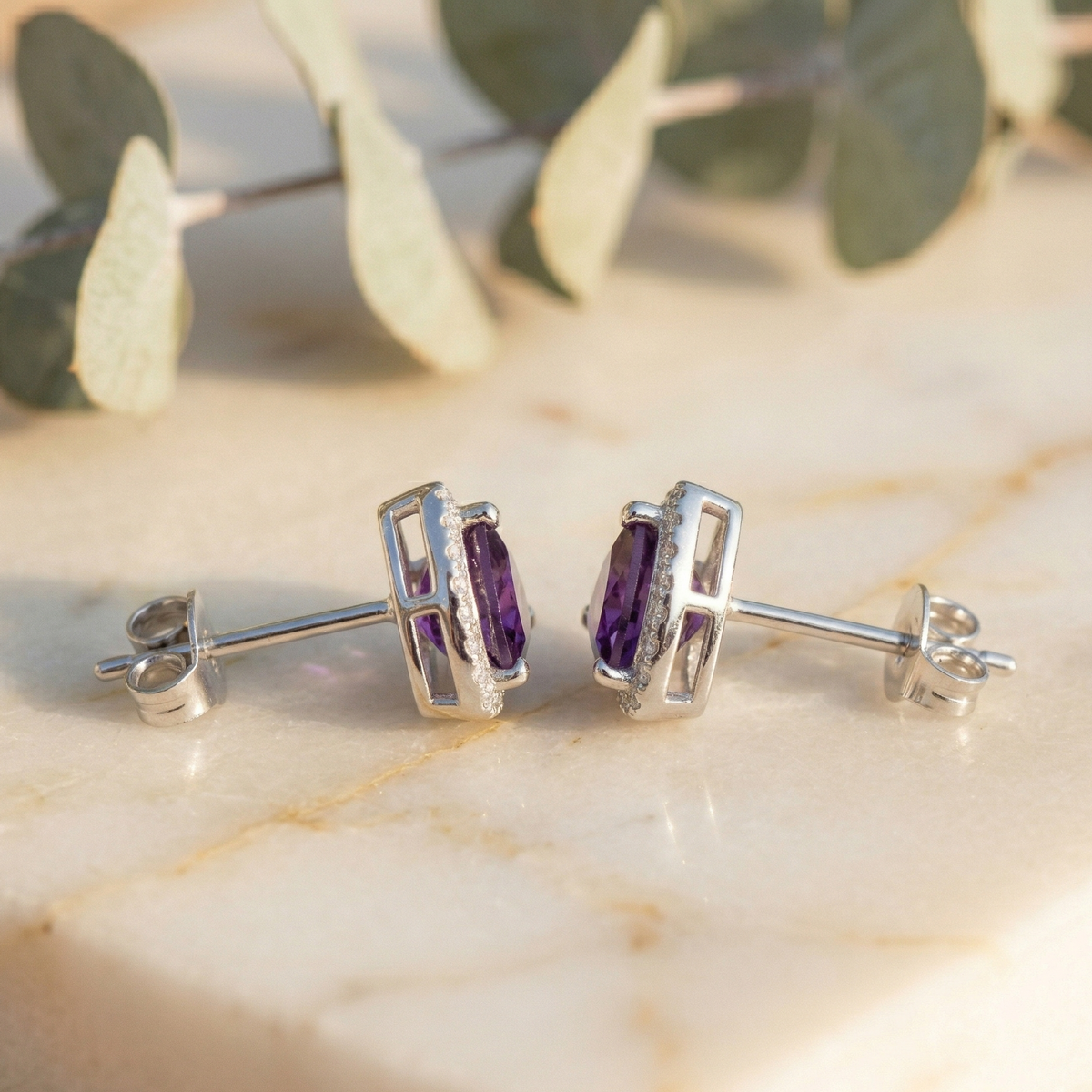 Vivid Amethyst Trillion Halo Studs - 925 Sterling Silver